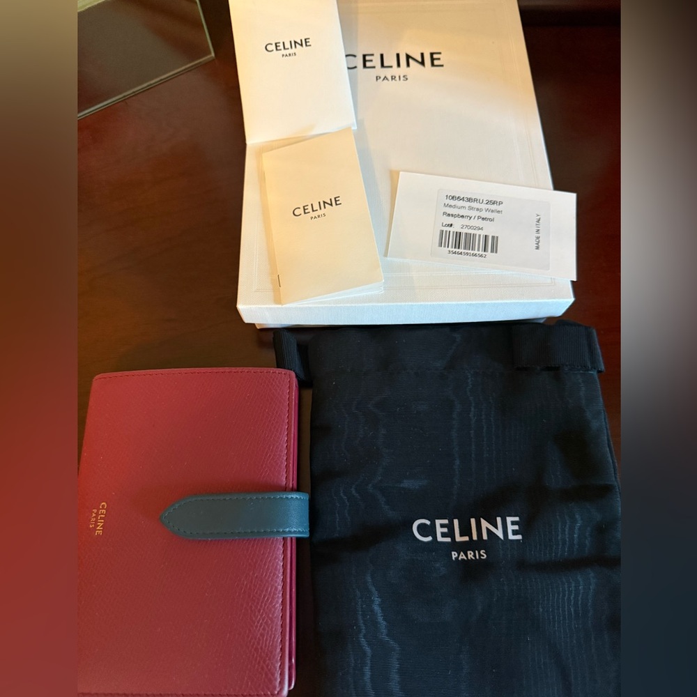 Celine Bifold Wallet Strap, Medium, raspberry and navy.